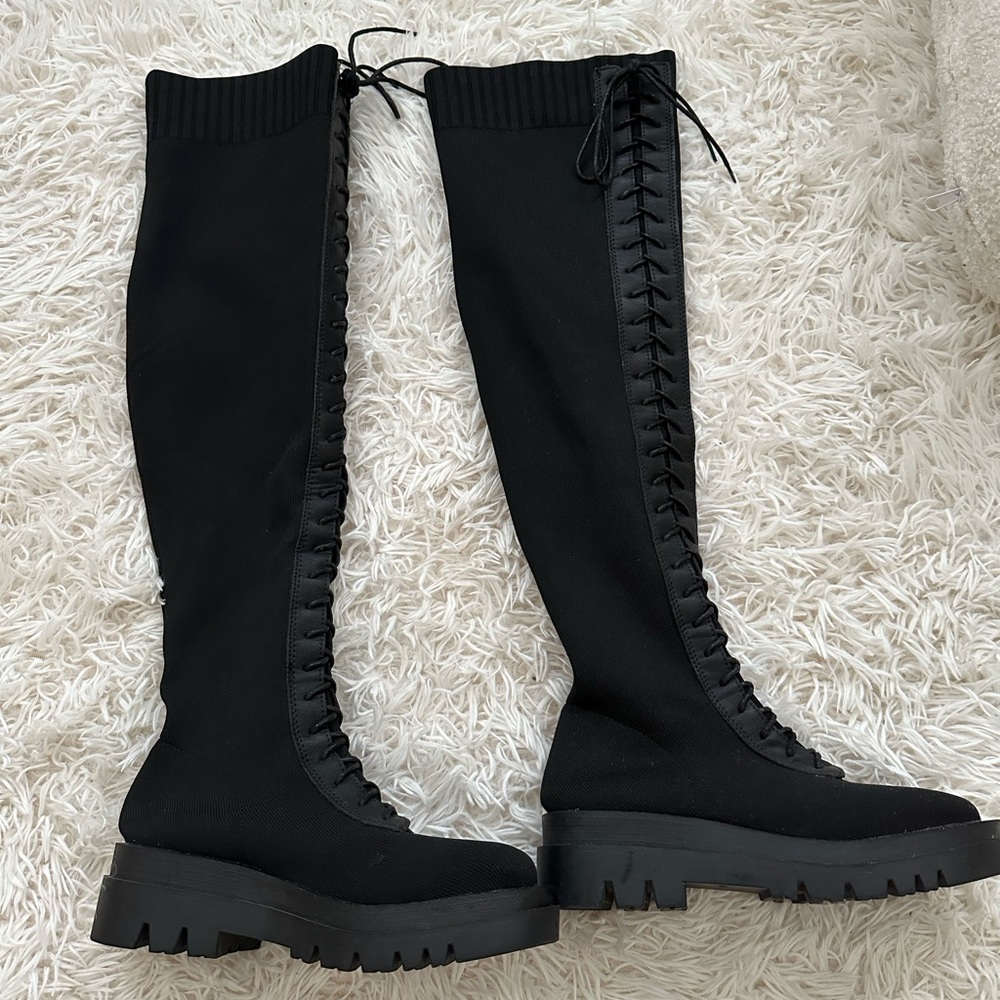 Black Knee-High Lace-Up Knit Combat Boots |EU 37